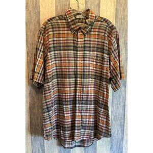 HATHAWAY Shirt Mens L 100% Madras Plaid Button Down Short Sleeve Summer VTG Fall